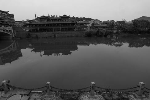 The small river flows leisurely