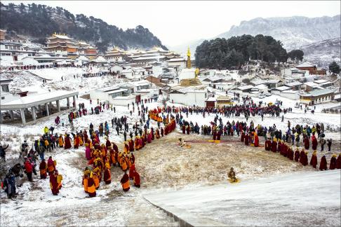 Monks Parade In Langmu Monastery